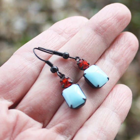 Turquoise Blue and Hyacinth Earrings  - Black earwires  - Austrian crystal  - octagon stone earrings  - vintage style - estate jewelry