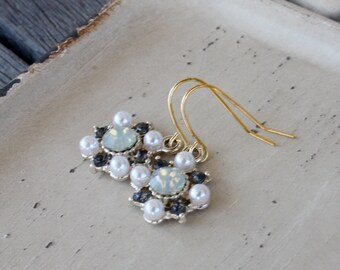 White Opal and Green Rhinestone Earrings with Faux Pearls, rhinestone earrings, pearl earrings, dainty earrings, lightweight earrings