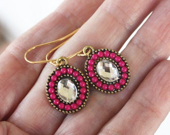 Embellished Charm Earrings, Pink Earrings, Gold plated, boho earrings, bohemian earrings, boho jewelry, bohemian jewelry, under 20