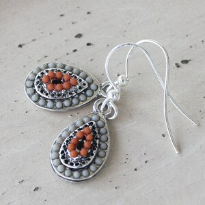 Zola Elements Earrings, Gray and red orange, silver plated, boho earrings, bohemian earrings, boho jewelry, bohemian jewelry, under 20