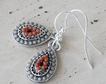 Zola Elements Earrings, Gray and red orange, silver plated, boho earrings, bohemian earrings, boho jewelry, bohemian jewelry, under 20