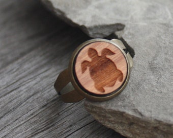 Wood Turtle Ring - Cherry Wood Laser Engraved Turtle - adjustable ring, brass ring, totem ring, woodland ring, wood ring, sea turtle