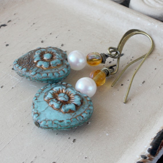 Czech Glass Floral Heart Earrings Antiqued Brass Earrings, Pearl