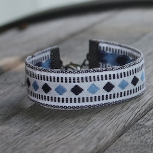 Embroidered Ribbon Bracelet, White, Black and Light Blue, Gunmetal Findings, adjustable bracelet, arm party, boho bracelet, stacker bracelet image 1