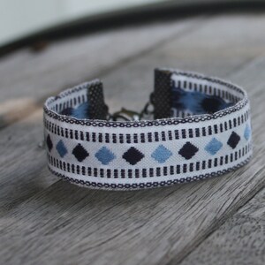 Embroidered Ribbon Bracelet, White, Black and Light Blue, Gunmetal Findings, adjustable bracelet, arm party, boho bracelet, stacker bracelet