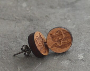 Wood Fox Studs - Cherry Wood Laser Engraved Curled Up Fox Earrings- Fox post earrings, woodland earrings, woodland jewelry, wood earrings