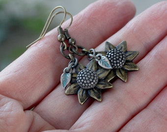 Sunflower Earrings - Antiqued Brass earrings, brass earrings, under 20, floral earrings, flower earrings, floral jewelry, brass jewelry