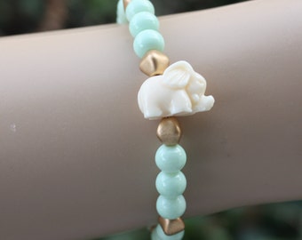 Boho Elephant bracelet, stretch bracelet, stacking bracelet, mint and matte gold, elephant jewelry, boho jewelry, bohemian bracelet