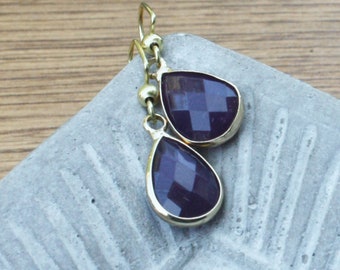 Deep Violet Bezeled Teardrop Earrings, Gold plated, faceted violet stones, purple and gold earrings, dainty earrings, lightweight earrings
