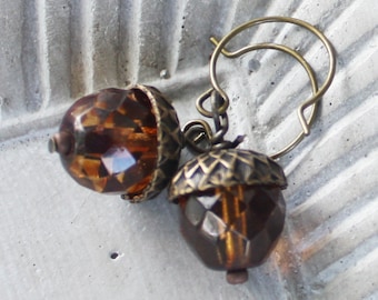 Autumn Acorn Earrings - Amber Czech Earrings, Antiqued Brass Findings, woodland earrings, woodland jewelry, czech earrings, acorn jewelry