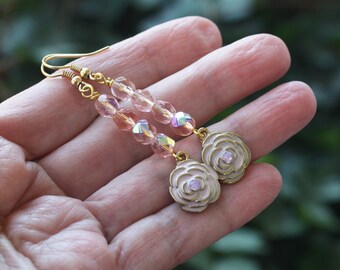 Pink Enameled Flower Earrings, Pink Earrings, czech earrings, floral earrings, pink flower earrings, stocking stuffer, enamel earrings