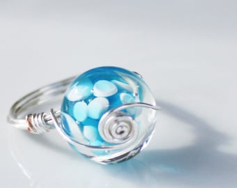 Wire Wrapped Ring - Blue and White Lampworked Spiral Artisan Ring- Size 7 - Silver Plated Wire Ring, silver ring, lampwork ring, modern ring