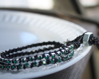 Leather Wrap Bracelet - Double Wrap Bracelet - Green Crystal Chain Wrap Bracelet - St. Patrick's Day, stacking bracelet, leather bracelet
