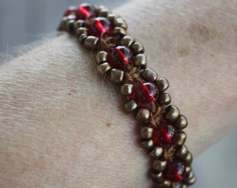 Stacking Bracelet - Waxed Linen Flower Bracelet - Red and bronze beads and brown waxed linen, knotted bracelet, knotted jewelry