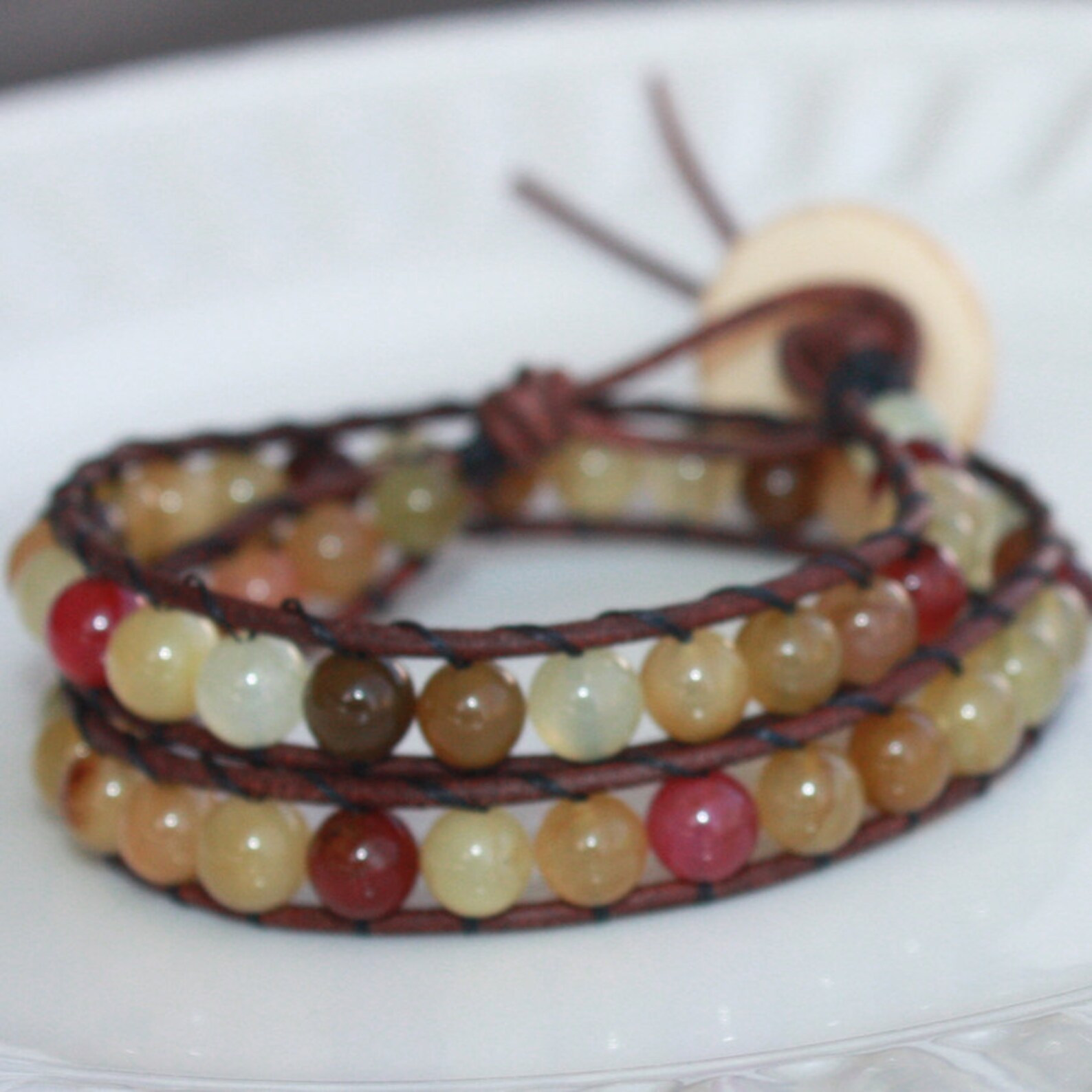 Soocho Jade Leather Wrap Bracelet Carved Bone Button Stacking Bracelet