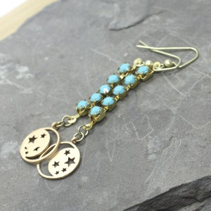 Moon and Stars earrings - Aqua crystal cup chain earrings -  gold earrings - blue earrings - celestial earrings - celestial jewelry
