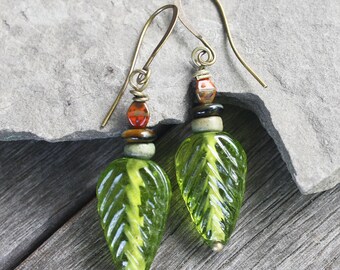 Forest Journey Glass Leaf Earrings - Antiqued Brass Findings, woodland earrings, woodland jewelry, leaf jewelry, green earrings