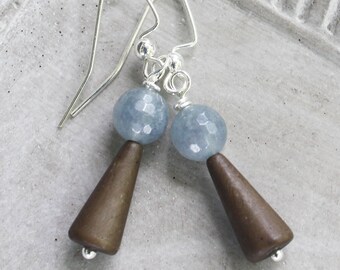 Wishing Well Earrings - blue and brown earrings, design challenge, simple earrings, silver earrings, silver jewelry, gazing ball