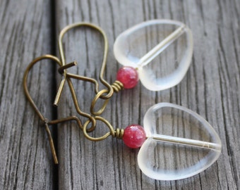 Heart Earrings - Clear Heart and Magenta Candy Jade Earrings - Antiqued Brass Earrings, kidney wire, valentine earrings, jade earrings