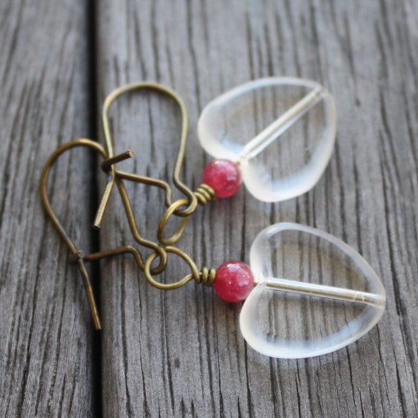 Heart Earrings - Clear Heart and Magenta Candy Jade Earrings - Antiqued Brass Earrings, kidney wire, valentine earrings, jade earrings