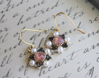 Rose Opal and Green Rhinestone Earrings with Faux Pearls, rhinestone earrings, pearl earrings, dainty earrings, lightweight earrings