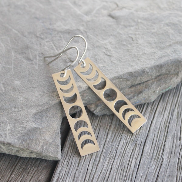 Moon Phase Earrings - Stainless Steel - Rectangle Moon Phase - Celestial Earrings - Celestial Jewelry - Lunar Earrings - Moon Earring