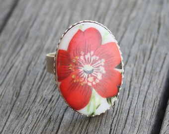 Anillo de cabujón floral de porcelana retro - anillo de bisel plateado - anillo ajustable, anillo de flores, anillo brillante, joyería floral, anillo audaz