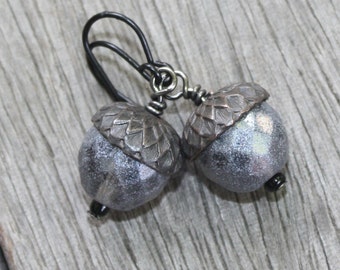 First Frost Acorn Earrings - Czech Bead Earrings - Gray Acorn Earrings - Rusty Black Findings, czech earrings, woodland earrings