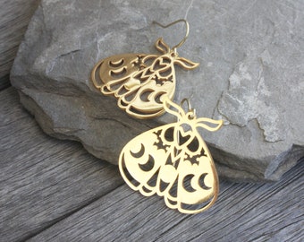 Luna Moth Moon Phase Earrings - Gold Plated - Celestial Earrings - Celestial Jewelry - Lunar Earrings - Luna Moth Earrings - Wiccan Earrings