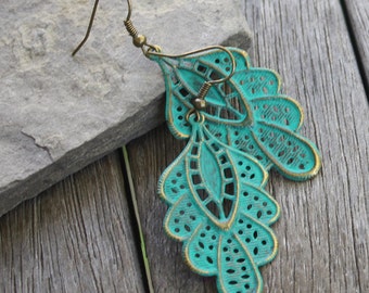 Bohemian Lace Filigree Earrings - Trellis Green Patina, boho earrings, bohemian earrings, gypsy earrings, gypsy jewelry, verdigris earrings