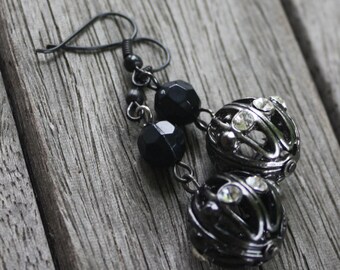 Black Filigree Balls - Crystal Accent Earrings, black earrings, filigree earrings, goth earrings, gothic earrings, metal earrings, crystal