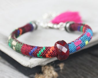 Tribal Boho Round Woven Cotton Cord Bracelet - Tassel bracelet, adjustable bracelet, tribal bracelet, boho bracelet, bohemian bracelet
