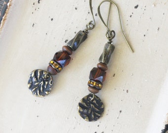 Autumn Earrings, antiqued brass earrings, Austrian crystal earrings, brass and crystal earrings