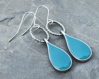 Peacock Enamel Drop Earrings - teal earrings, silver earrings, silver jewelry, lightweight earrings, enameled earrings, beach earrings