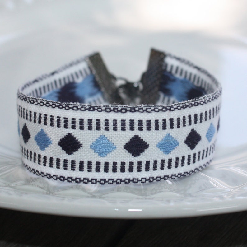 Embroidered Ribbon Bracelet, White, Black and Light Blue, Gunmetal Findings, adjustable bracelet, arm party, boho bracelet, stacker bracelet image 4