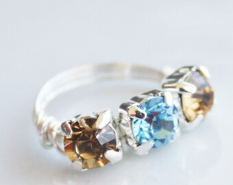 Austrian Crystal Wire-Wrapped Ring - Aquamarine and Topaz - Silver Plated Wire - Size 6, silver ring, topaz ring