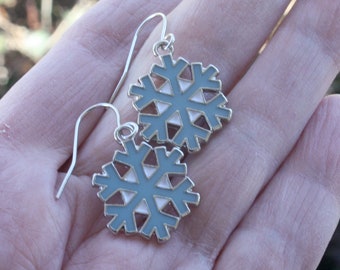Snowflake blue and white enamel earrings - silver plated - winter earrings - Christmas earrings - winter jewelry, Christmas jewelry