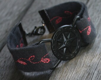 Compass Bracelet - Embroidered Felt Bracelet - Charcoal with Pink Leaves- Gunmetal Bracelet, felt cuff, embroidered cuff, boho stacking