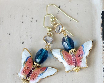 Cloisonne Butterfly Earrings - Gold Earrings, Austrian crystal, cloisonne earrings, cloisonne jewelry