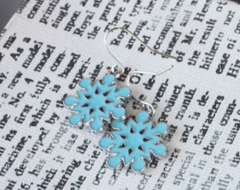 Snowflake blue enamel earrings - silver plated - winter earrings - Christmas earrings - winter jewelry, Christmas jewelry