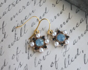Blue Opal and Green Rhinestone Earrings with Faux Pearls, rhinestone earrings, pearl earrings, dainty earrings, lightweight earrings