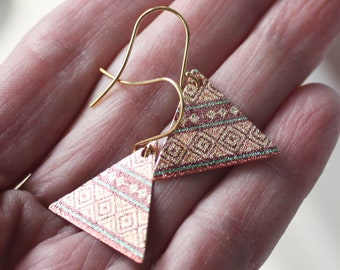 Tapestry triangle earrings - etched and printed earrings - boho earrings - bohemian earrings - boho jewelry - tribal earrings