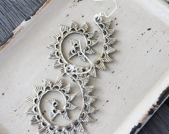Wings Swirl Earrings, Antique Silver Plated , tribal earrings, tribal jewelry, boho earrings, boho jewelry, feather earrings