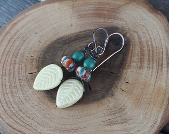 Tribal Leaf Earrings - Oxidized Copper Wire Wrapped Earrings, rustic earrings, primitive earrings, czech earrings
