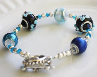 Blue Lampwork Floral Bracelet - Austrian Crystals - Large Hole Bead bracelet, stacking bracelet, lampwork bracelet