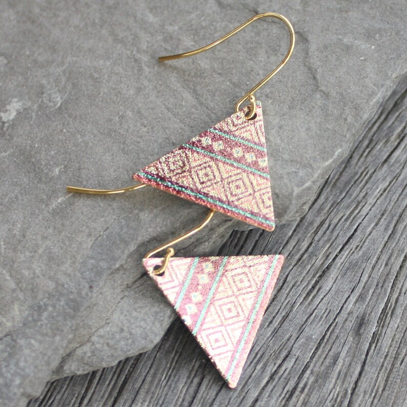 etched and printed earrings boho earrings tribal earrings bohemian earrings Tapestry triangle earrings boho jewelry