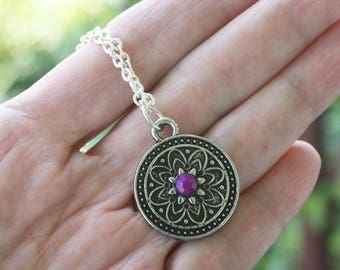 Floral Medallion Necklace - floral mandala necklace, floral jewelry, silver necklace, silver jewelry, purple focal
