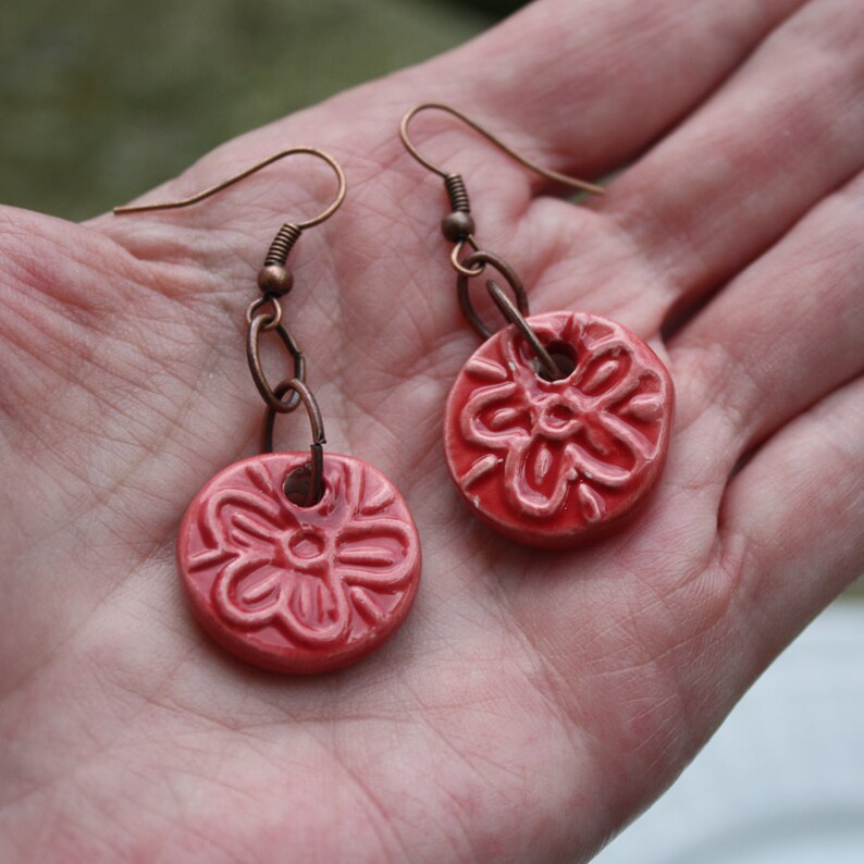 Ceramic Earrings Ceramic Floral Disc Antiqued Copper Etsy