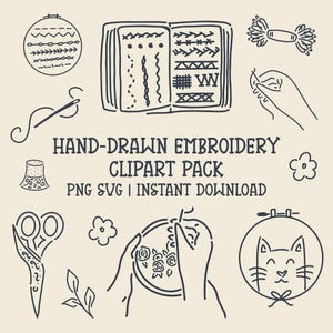 Broderi klotter clipart pack | handritade PNG SVG-konstverk | direkt nedladdning | helt redigerbar Canva gratis | klotter sömnadsmotiv | hobby clipart