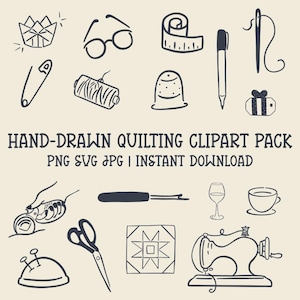 Op de afbeelding: Handgetekende quilt clipart met diverse naai-gerelateerde illustraties, waaronder een naaimachine, schaar en naald. De tekst "HAND-DRAWN QUILTING CLIPART PACK" is weergegeven. De afbeelding is in zwart en wit.